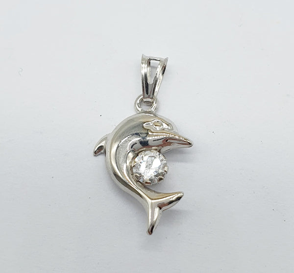 CIONDOLO ORO BIANCO 18K 750 DELFINO CON ZIRCONE GR.0,90 H.1,7 CM