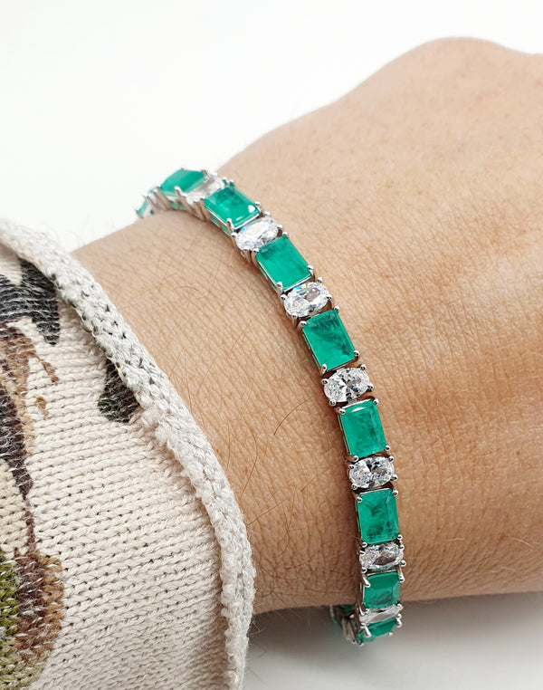 BRACCIALE TENNIS  NUOVO ARGENTO 925 ZIRCONI RETTANGOLARI VERDI E ZIRCONI OVALI BIANCHI GR. 14,04 CM 16