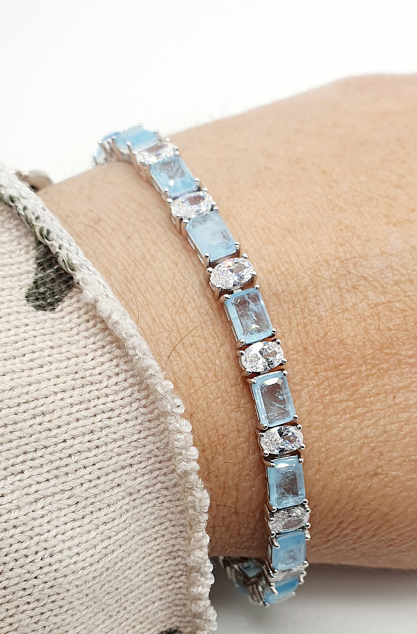 BRACCIALE TENNIS NUOVO ARGENTO 925 ZIRCONI RETTANGOLARI CELESTI E ZIRCONI OVALI BIANCHI GR. 14,04 CM.16 + PROLUNGA ARRIVA A 20 CM