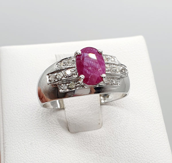 ANELLO ORO BIANCO 18K 750 RUBINO 1,06 CT BRILLANTI 0,14 CT GR.5