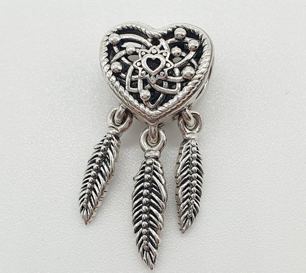CIONDOLO "PANDORA" ARGENTO 925 CUORE ALBERO DELLA VITA CON PIUME PENDENTI GR.4,67