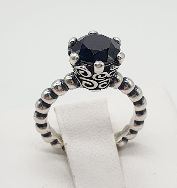 ANELLO "PANDORA" TIPO SOLITARIO ARGENTO 925 E PIETRA NERA CENTRALE