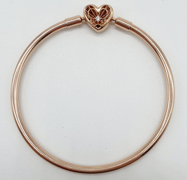 BRACCIALE "PANDORA" RIGIDO PLACCATO ORO ROSA 14K CHIUSURA A CUORE CON FARFALLA CENTRALE E ZIRCONI GR.4,67