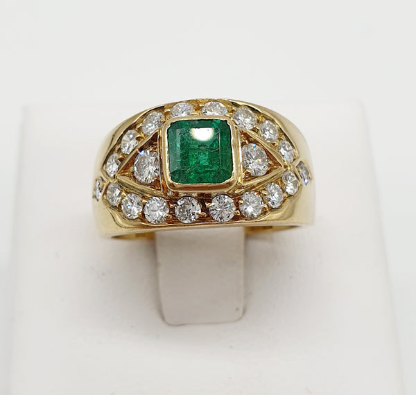 ANELLO A FASCIA ORO GIALLO 18K 750 SMERALDO 0,06 CT BRILLANTI 0,66 CT TOTALI GR.9,20