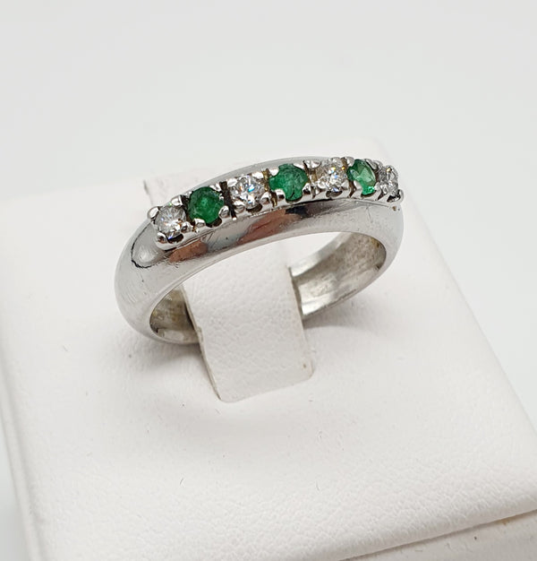 ANELLO ORO BIANCO 18K 750 SMERALDI E BRILLANTI 0,24 CT TOTALI GR.6,56