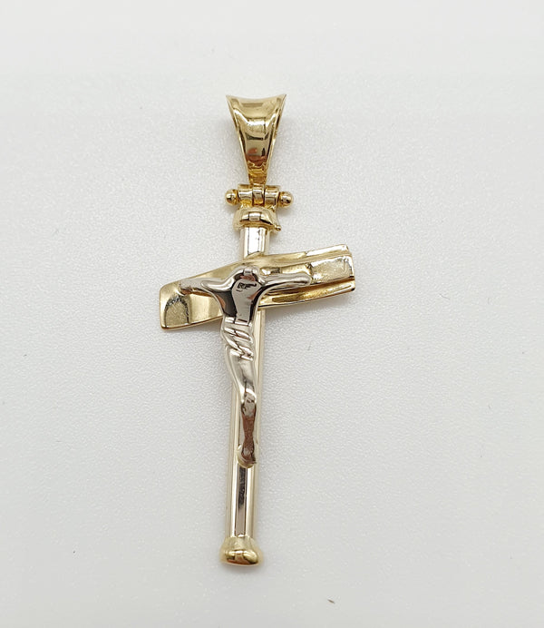 CIONDOLO 2 ORI BIANCO/GIALLO 18K 750 CROCE CON GESU' IN RILIEVO GR.2,77