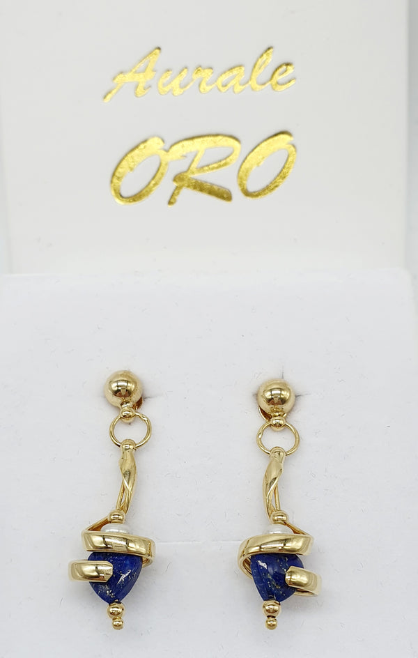 ORECCHINI ORO GIALLO 18K 750 PIETRE A CUORE LAPISLAZZULI BLU E PERLE GR.6,34