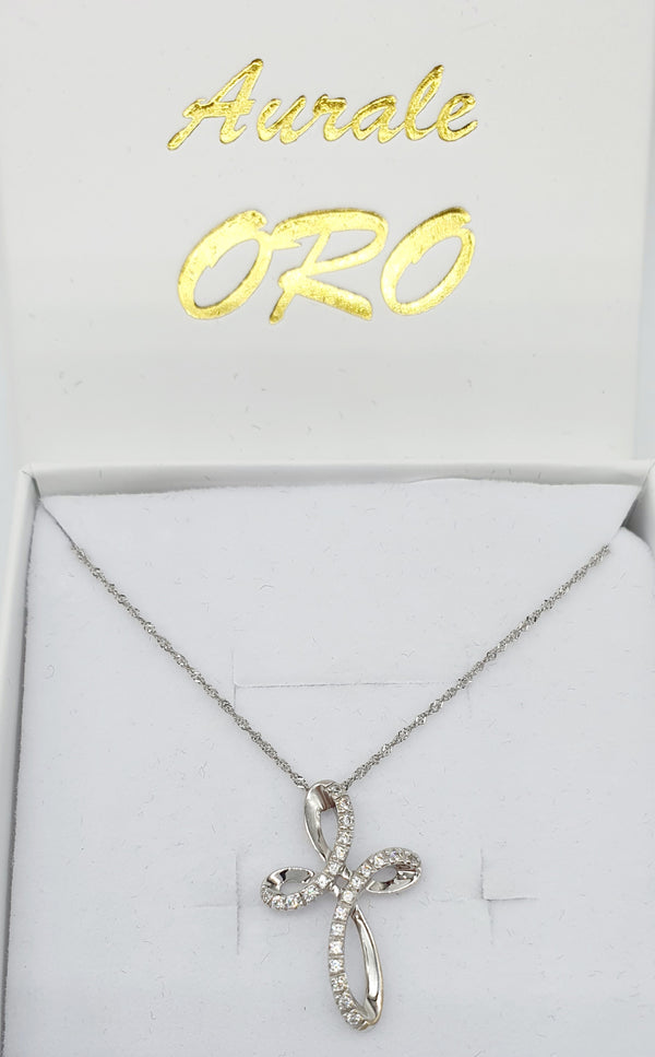 COLLANA ORO BIANCO 18K 750 + CIONDOLO CROCE BRILLANTI GR.2,96