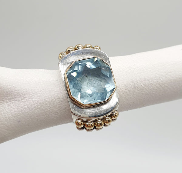 ANELLO A FASCIA IN ARGENTO 925 CON INSERTI IN ORO 18K 750 PIETRA CENTRALE  TOPAZIO