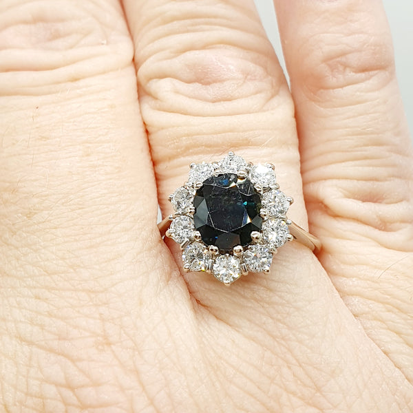 ANELLO ORO BIANCO 18K 750 ZAFFIRO CENTRALE 2,5 CT E DIAMANTI 1 CT TOTALE GR.5