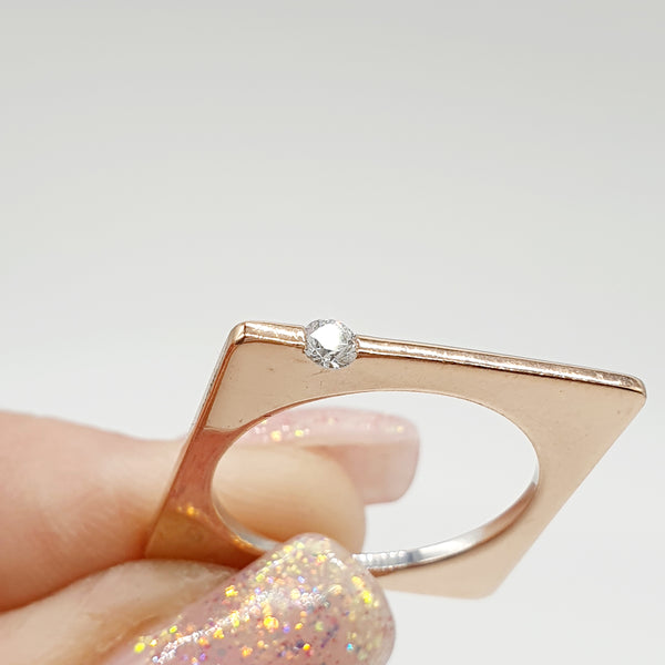 ANELLO QUADRATO IN ORO ROSE' 18K 750 DIAMANTINO DA 0,07 CT GR.4,18