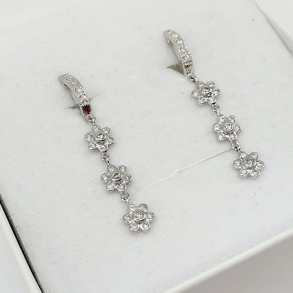 ORECCHINI ORO BIANCO 18K 750 PENDENTI FIORI ZIRCONI  GR.4,02