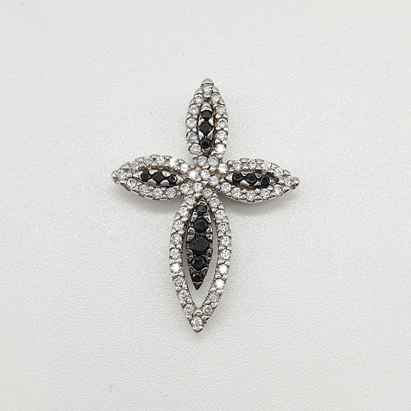 CIONDOLO CROCE IN ORO BIANCO 18K 750 ZIRCONI NERI E BIANCHI GR.3,51