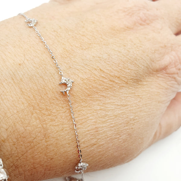 BRACCIALE ORO BIANCO 18K 750 DELFINI CON ZIRCONI CM.18 GR.1,85